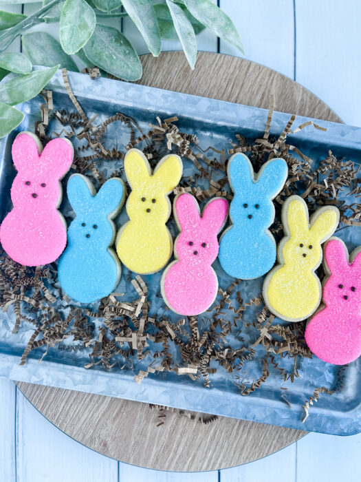 peep bunny cookies on a tray