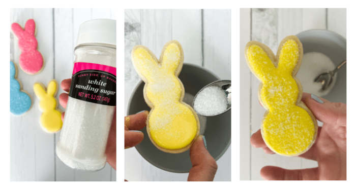 adding sanding sugar to royal icing easter bunnies