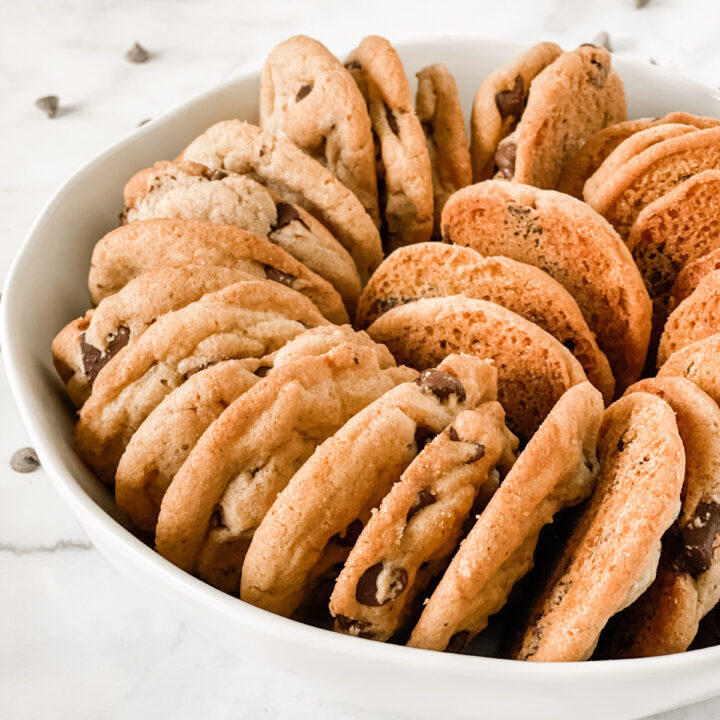 chocolate chip cookies lined in a bowl