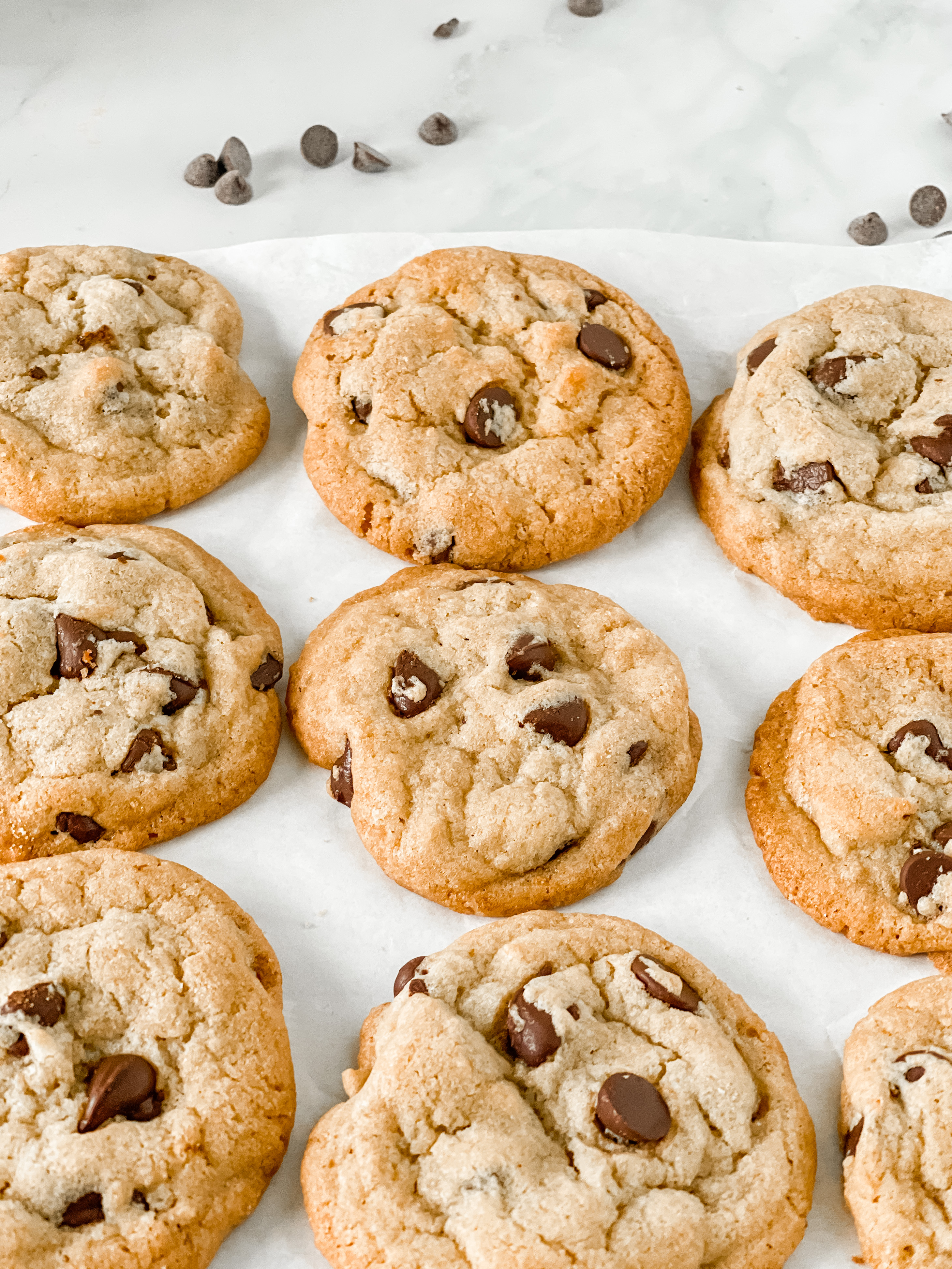 chocolate chip cookies lined on tray