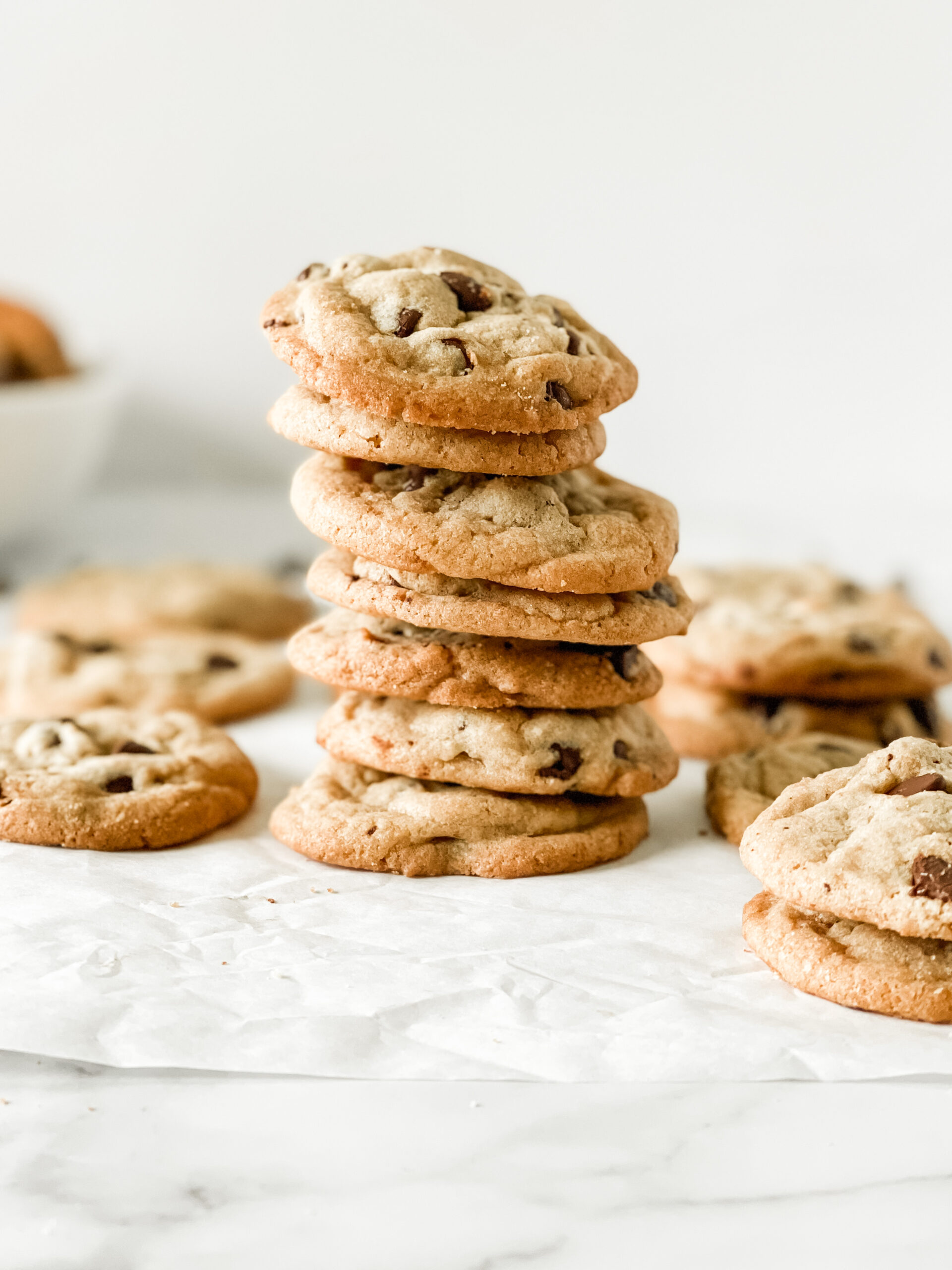 chocolate chip cookies stacked up