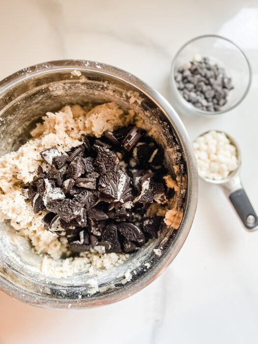 oreo cookie pieces getting mixed into dough