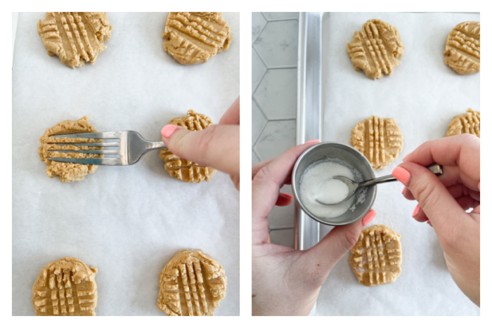 pressing cookies with a fork and sprinkling with granulated sugar