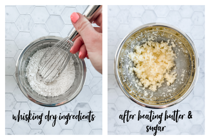 whisking dry ingredients in picture 1; beating butter and sugar in picture 2