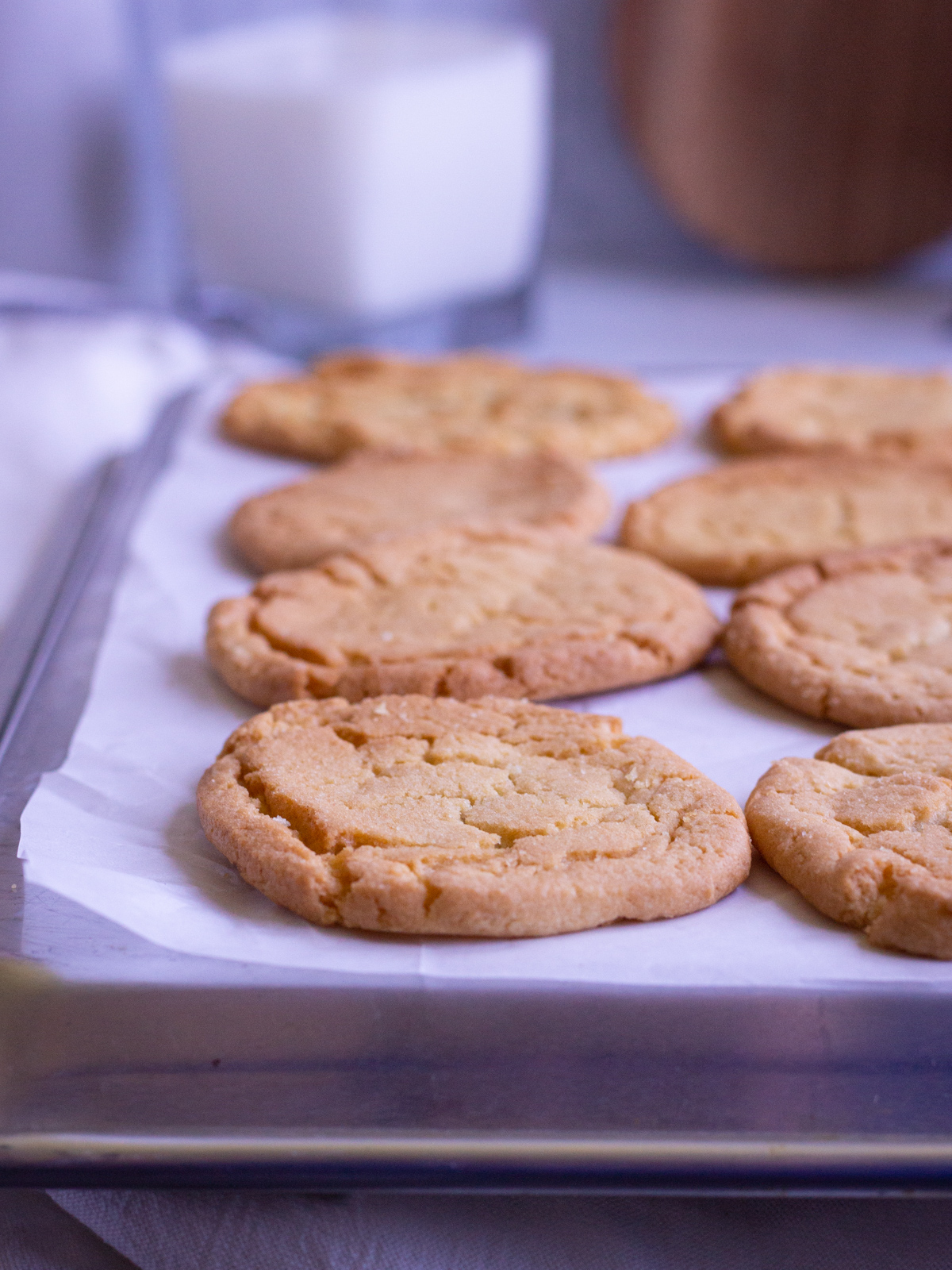 Baked sugar cookies on parchment paper with a glass of milk in the background