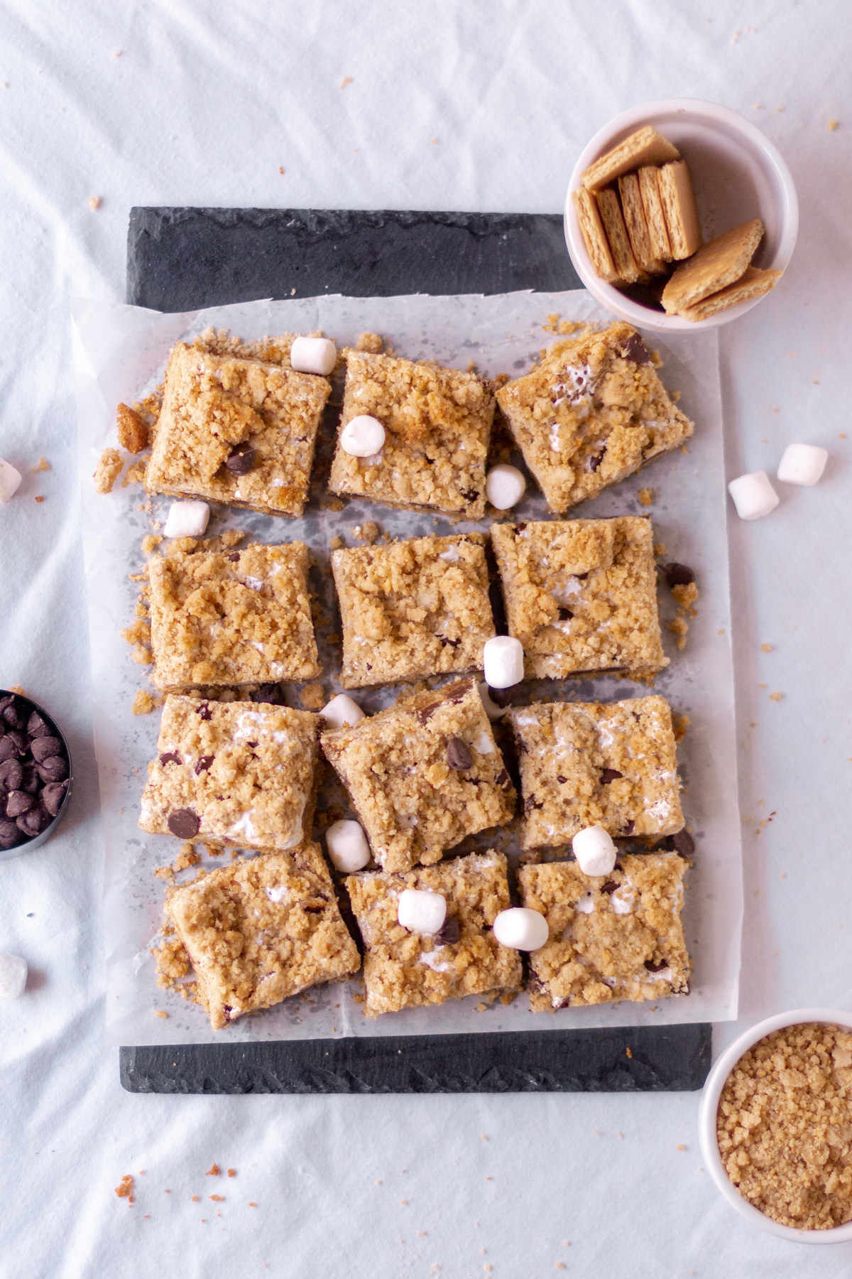 overhead picture of smores cookie bars cut into 12 squares