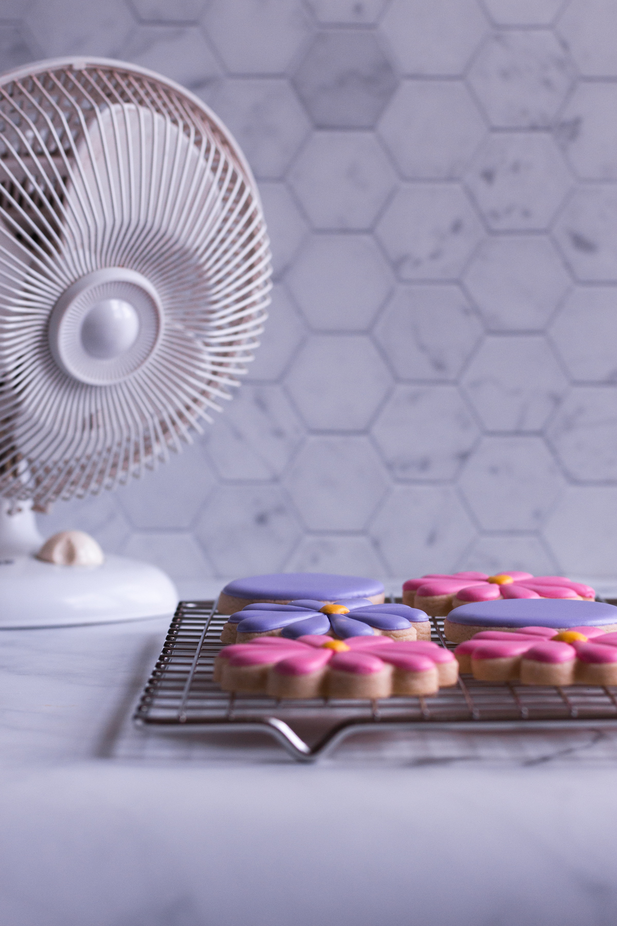 royal icing cookies drying in front of a fan