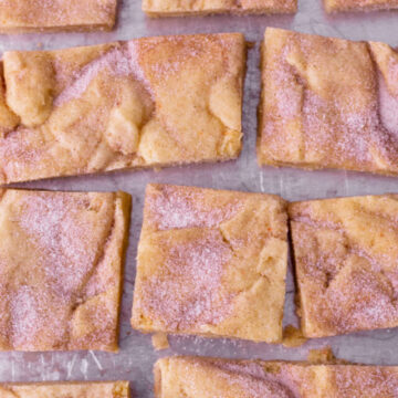 close up picture of snickerdoodle cookie bars cut into squares