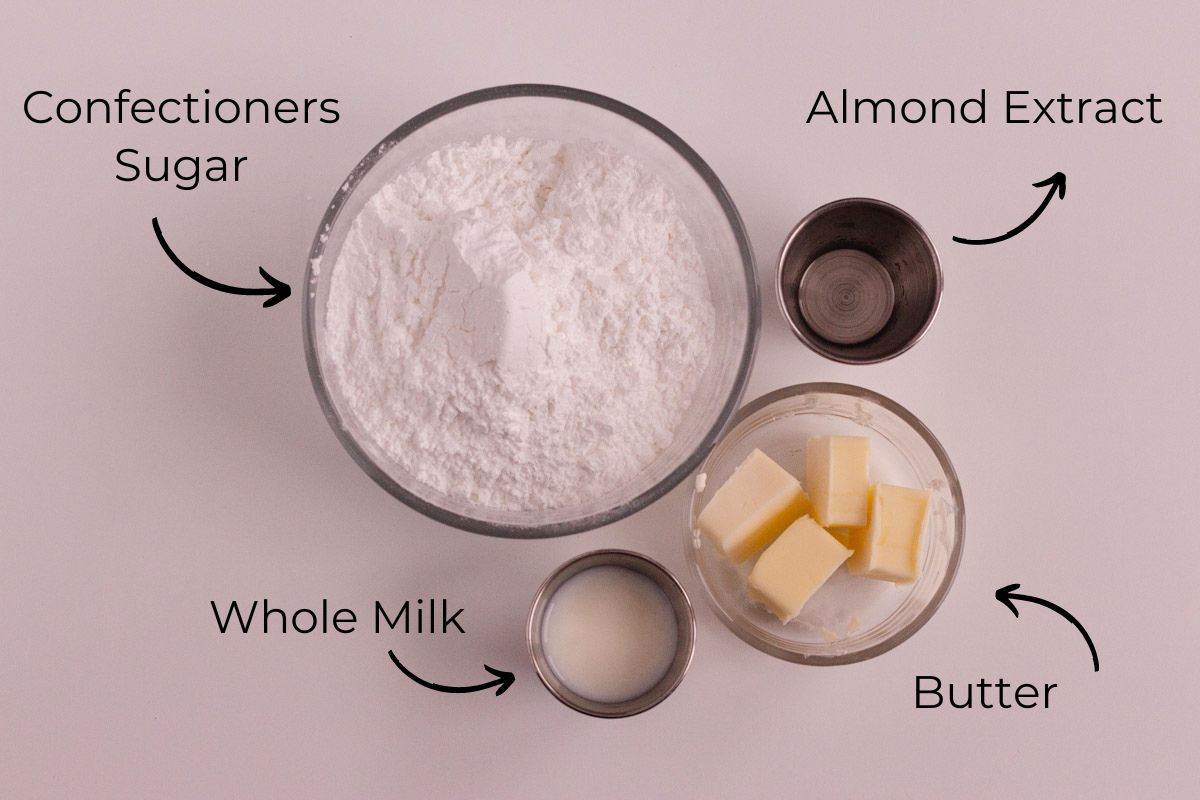 Ingredients for Almond Buttercream frosting on a kitchen counter and labeled.