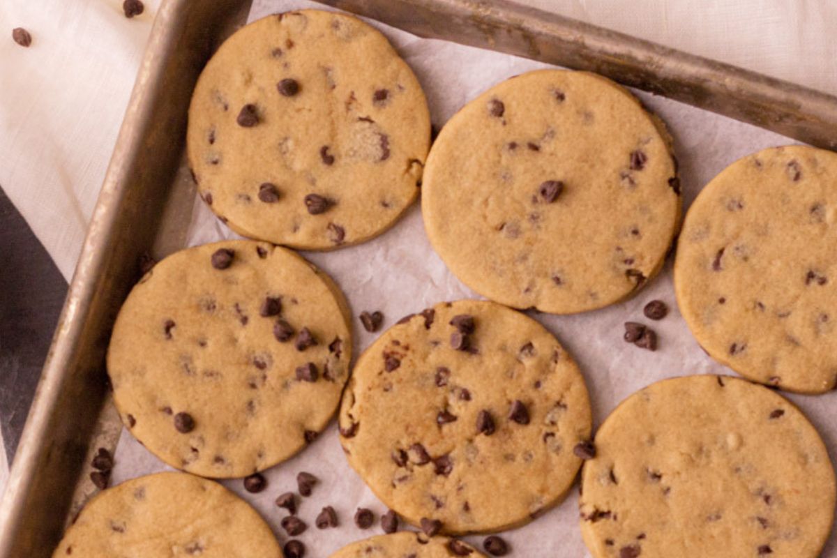 Tray of chocolate chip cookies cutouts