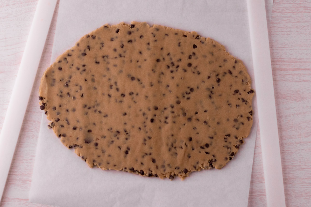 Rolled out chocolate chip cookie dough to ¼" 