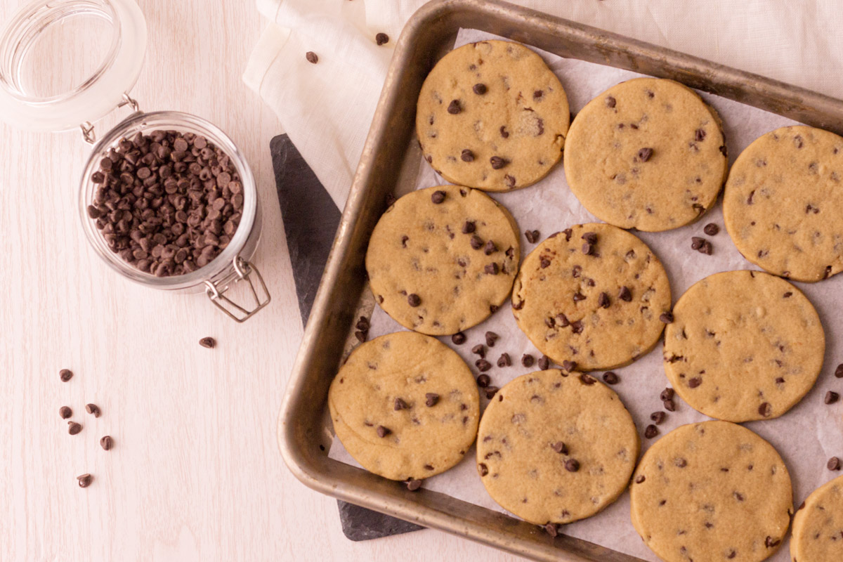 Tray of chocolate chip cookies cutouts next to a jar of mini chocolate chips