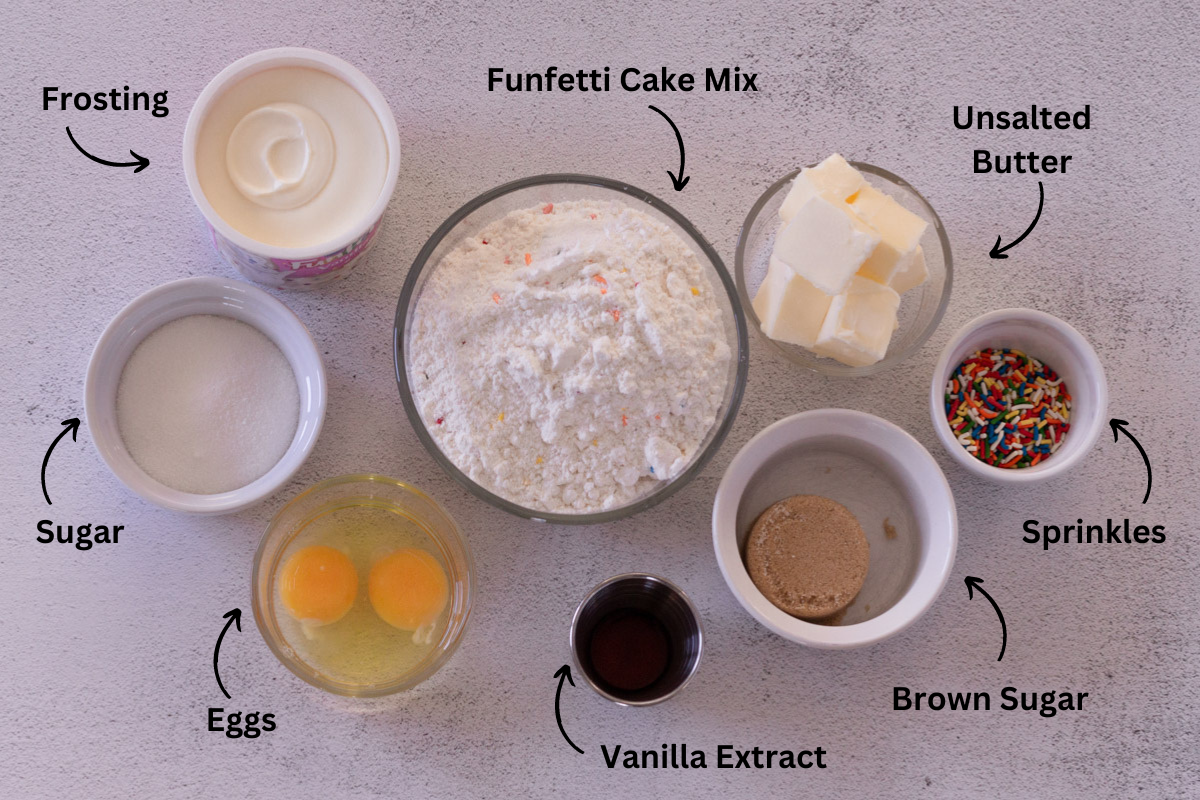 All of the ingredients for cookie bars in small bowls.