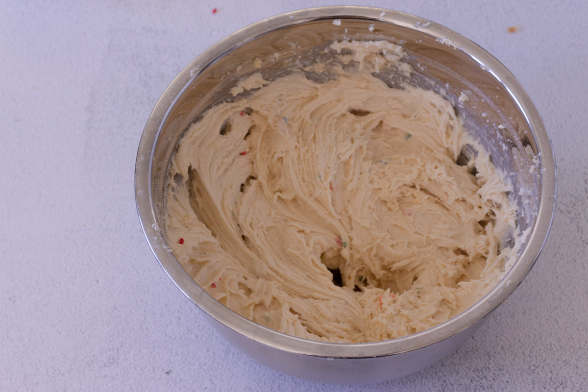 Cookie dough after the cake mix has been slowly added. 