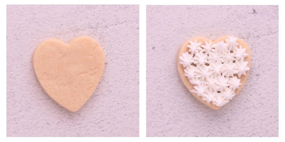 Step by step pictures on decorating a heart cookie with star tip.