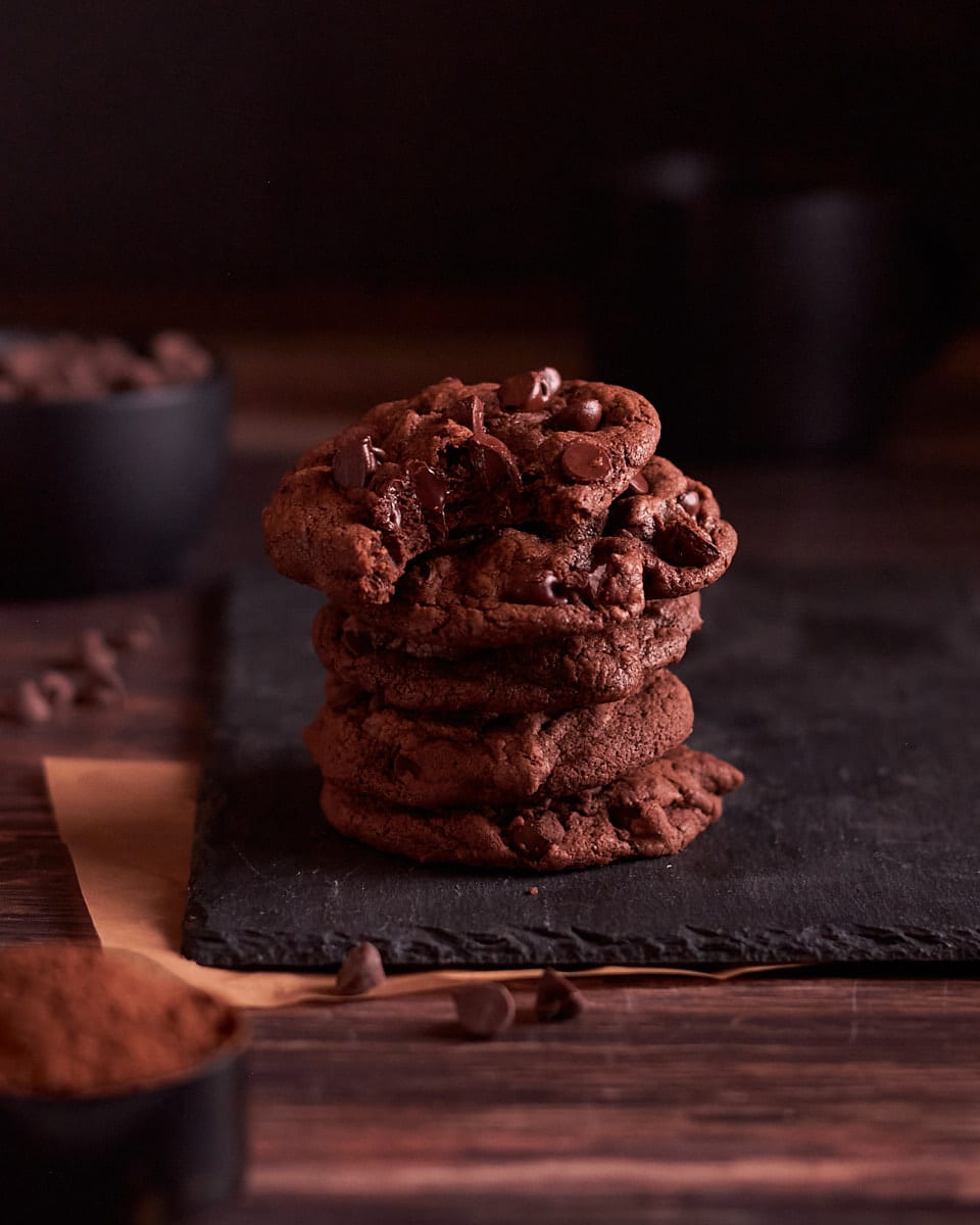 Chocolate cookies stacked up. 